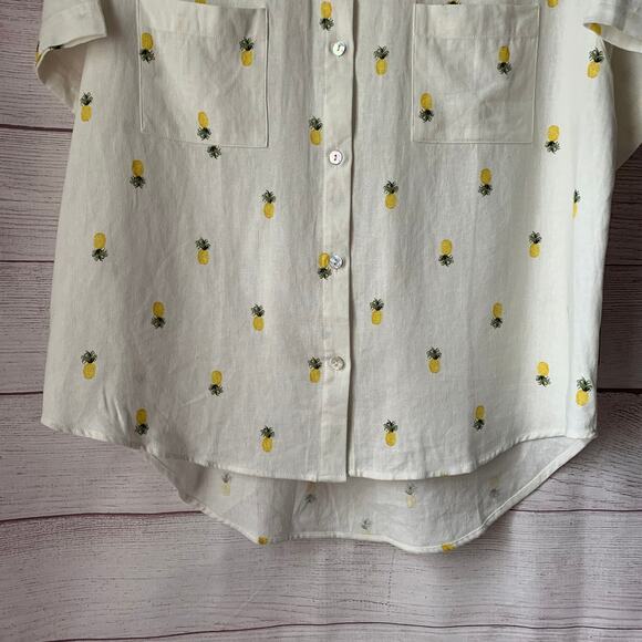 Rae Dunn Women's Linen Pineapple Print Button Up Shirt Short Sleeve Collar Large - Picture 4 of 16